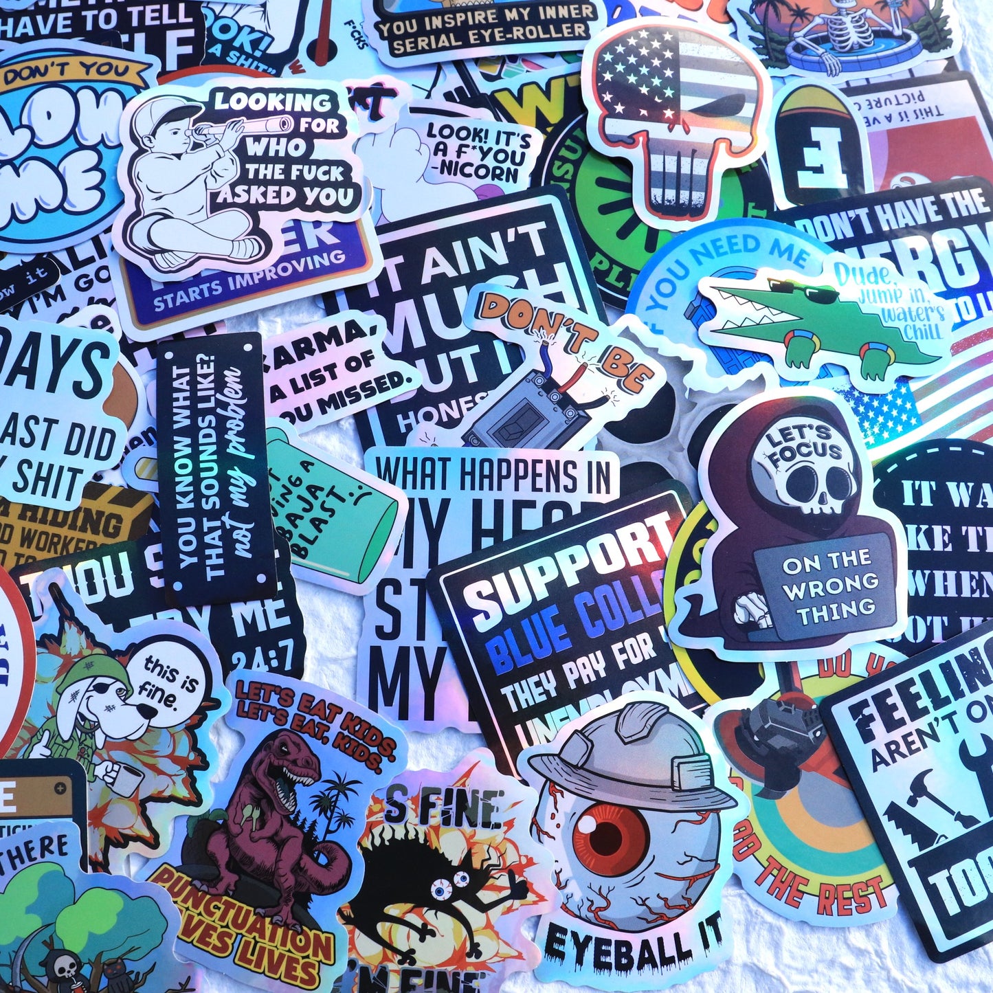 300PCS Just Send it Stickers Pack for Adults - Holographic Hard Hat sticker, Breakroom Humor Waterproof Vinyl for Welding Helmet, Tool Box, Electrician, Mechanic Tools - Blue Collar Gifts for Co-Workers No Repeat